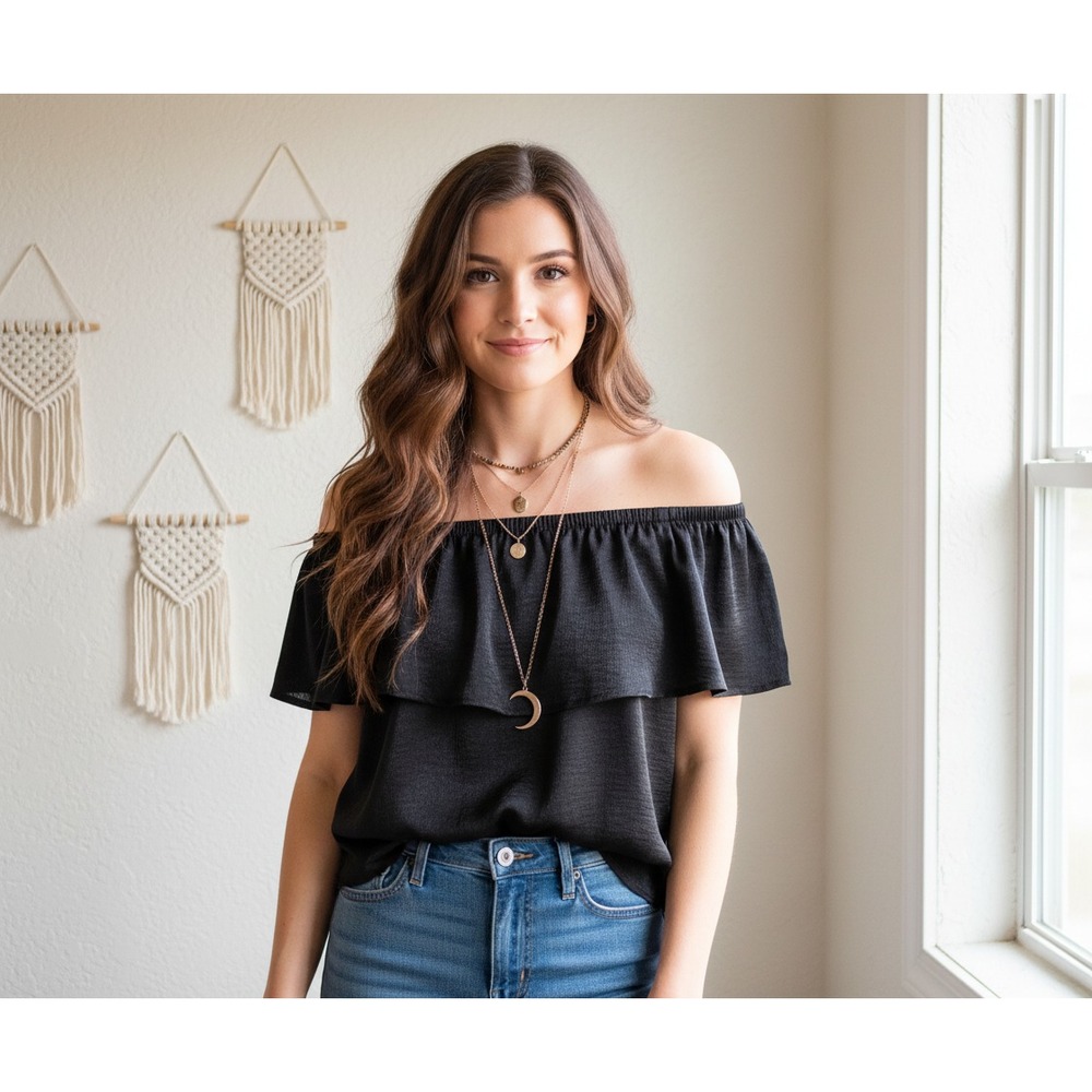 Urban Outfitters M Top Womens Black Satin Ruffle Off Shoulder Boho Coquette Edgy